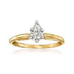 Ross-Simons - C. 1980 Vintage .46ct Pear-Shaped Diamond Ring in 14kt Yellow Gold. Size 5.25. C. 1980. Sparkling with a .46 carat pear-shaped diamond in 14kt white gold, this Estate collection ring would make a wonderful engagement ring option for the demure bride. Beautifully set on a classic and slender 14kt yellow gold band. 1/4" wide. Diamond ring. Exclusive, one-of-a-kind Estate Jewelry. Diamond birthstones are the perfect gift for April birthdays. Classic Solitaire Pear-shaped Diamond Ring, Classic Pear-shaped Diamond Ring For Formal Occasions, Classic Pear-shaped Ring For Anniversary, Classic Pear-shaped Solitaire Diamond Ring, Classic Formal Pear-shaped Diamond Ring, Classic Pear-shaped Diamond Ring In 14k Gold, 14k Gold Pear-shaped Diamond Ring Vs Clarity, Formal Yellow Gold Pear-shaped Diamond Ring, Formal Yellow Gold Pear Shaped Diamond Ring