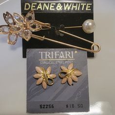 See Pics Above For Measurements Both Are New With Tag. Peach Color Floral Enamel Earring Studs And 2 Goldtone Floral Hat Pins. Belly Button Piercing Rings, Black Cosmetics, Gold Hair Pin, Braided Leather Belt, Floral Hat, White Accessories, Gold Cream, White Belt, Cream Style