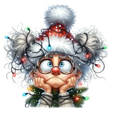 a cartoon character wearing a santa claus hat and holding his hands to his face with christmas lights around him