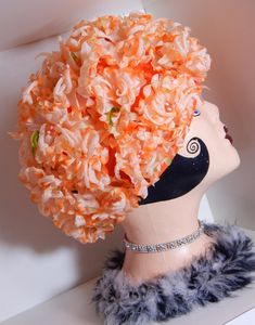 "Vintage full cover hat! Totally covered in orange flowers!! No maker tag, but has the Union Label still stitched in. 4\" deep, inside band measures approx. 21 1/8\". Great condition, what a fun piece! We will ship almost anywhere for you, please convo where you are for a price quote. Offbeat Avenue uses recycled packaging whenever possible! Questions? We're here to help! Send us a convo and we will respond as quickly as possible. Shop policies: https://www.etsy.com/shop/OffbeatAvenue/policy?ref Millinery Flowers, Fleur Orange, Mid Century Fashion, Flower Headpiece, Vintage Hat, Vintage Orange, Orange Flowers, Recycled Packaging, Hats Vintage