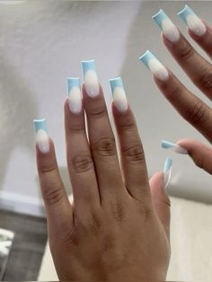 Blue Nails White French Tip, White With Blue Nails, Milky White And Blue Nails, White And Blue French Tip Nails, Nails French Blue, French Nails Blue, Blue Nails With White, White Blue Nails, Blue French Nails