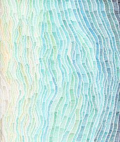 an abstract painting with wavy lines in blue, green and yellow