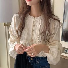 Long Sleeve Retro O-Neck Elegant Blouse Shirt – Leena Outfit Long Sleeve Blouses, Shirt Blouses Women's, White Long Sleeve Blouse, Vintage Long Sleeve, Loose Pullover, Collars For Women, Women Blouses, Basic Shirts, Spring Shirts