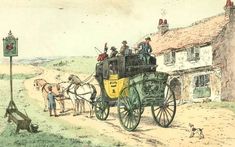 an old drawing of people riding in a horse drawn carriage on a country road next to a house