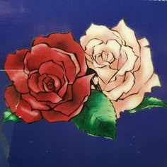 two roses are painted on the side of a blue box with green leafy stems