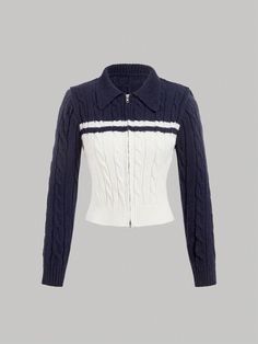 Women's Preppy Navy Blue&White Zipper Cardigan, Casual Fit, Fall/Winter Women Sweater,Homecoming,Christmas,Gothic,Police Costume Navy Blue Casual  Long Sleeve Knitwear Colorblock,Striped  Medium Stretch  Women Clothing, size features are:Bust: ,Length: ,Sleeve Length: Fashion Sneakers Women's, Winter Women Sweater, Police Costume, Zipper Cardigan, Elegant Sweater, Cardigan Casual, Zippered Cardigan, Women Sweaters Winter, Shoes Spring