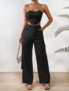 Exude effortless sophistication with our Solid Tube Top And Flap Pocket Side Cargo Pants. These pants are the perfect blend of style and functionality, featuring a solid colorway and flap pockets for extra storage. Whether you’re going for an edgy or classic look, these pants will cover you in all the right ways while the top will simply add to its elegance. Available in elegant black, striking orange, and a muted grey. Specifications: Pattern Type: Plain Details: Asymmetrical, Button, Pocket, T Long Pants Outfit, Trendy Denim, Black Khakis, Casual Denim, Pants Outfit, Long Pants, Tie Backs, Tie Back, Tube Top