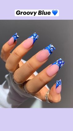 Blue And White Nail Ideas, Groovy Aesthetic, Nail Design Glitter, Blue Acrylic Nails, Edgy Nails, Cute Acrylic Nail Designs, Simple Acrylic Nails, Bling Acrylic Nails, Pink Nail