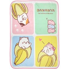 a blanket with pictures of cats and bananas on it