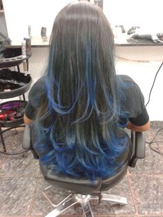 Hair Dyed At The Tips, Layered Hair With Dyed Ends, Layered Dyed Tips, Black Hair Colored Tips, Blue Dyed Hair Tips, Black Hair Blue Skunk Stripe, Layered Hair With Colored Tips, Dark Blue Hair Streaks, Blue Hair Tips