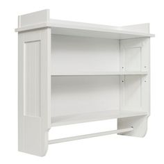 a white shelf with two open doors on top