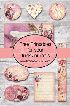 the free printables for your junk journal are displayed on a wooden surface with pink flowers and hearts