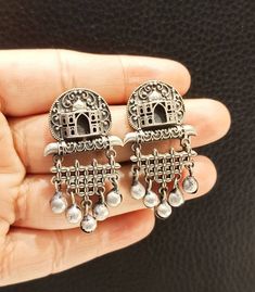 Beautiful Tajmahal Handmade Oxidised Earrings. Traditional Earrings. Silver Plated Earrings. Indian Earrings. Material- Brass. Closure - Push Back. Pretty Jewellery Silver, Navratri Ideas, Capsule Wardrobe Jewelry, 2024 Era, Junk Jewellery, Classy Lifestyle, Gold Earrings Indian, Oxidised Earrings, Diy Fabric Jewellery