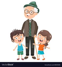 an old man standing with two children