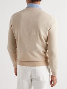 Dubbed the 'king of cashmere', Brunello Cucinelli has transformed the way we shop for knitwear. This sweater has been knitted from the soft yarns in Solomeo, Italy – where all the label's collections are produced – and designed to be worn fitted. It's tipped with grey trims for a subtle contrast. Designer Beige Wool Sweater, Luxury Beige Wool Cardigan, Formal Wool Sweater With Ribbed Cuffs, Luxury Wool Sweater With Ribbed Cuffs, Luxury Cashmere Polo Sweater For Formal Occasions, Luxury Cashmere Sweater With Ribbed Cuffs, Formal Wool Sweater With Ribbed Collar, Designer Cream Winter Sweater, Designer Cream Sweater For Winter