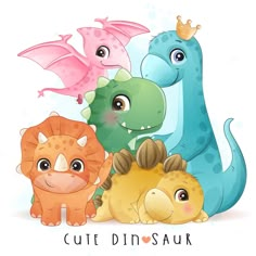 a group of cute cartoon dinosaurs sitting next to each other with the words cuti dinsauk written below them