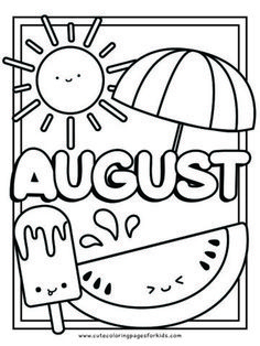 an adult coloring page with the word august in black and white, surrounded by watermelon