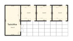 the floor plan for an office building with three separate rooms and one bedroom on each side