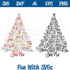 two christmas trees with the words fun with svg's in different font styles