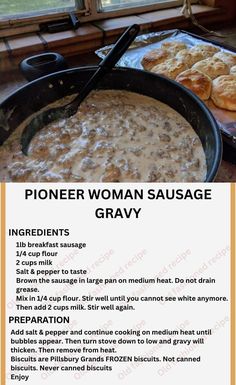 an advertisement for a woman's sausage gravy recipe