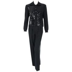 1974 Yves Saint Laurent Sequin Black Wool Sweater Le Smoking Tuxedo Pants Suit Formal Fitted Sequin Pantsuit, Fitted Sequin Pantsuit For Evening, Winter Formal Fitted Pantsuit, Fitted Winter Formal Pantsuit, Luxury Tailored Evening Pantsuit, Evening Tuxedo Style Long Sleeve Pantsuit, Luxury Evening Pantsuit For Fall, Formal Sequined Long Sleeve Pantsuit, Formal Long Sleeve Sequin Pantsuit