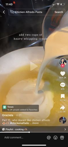 a bowl of soup being poured into it with an app on the screen showing how to make chicken alfredo pasta