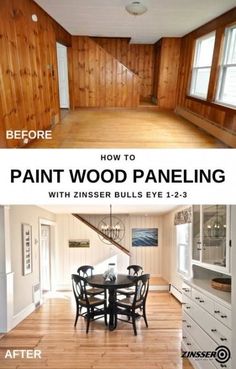 the before and after pictures show how to paint wood paneling