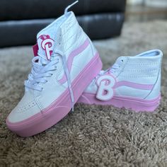 Barbie True White/Pink Pink Custom Sneakers For Spring Streetwear, Pink Vans Lace-up Sneakers, Trendy Pink Custom Sneakers, Pink Lace-up Vans Sneakers, Pink Custom Synthetic Sneakers, Sporty Pink Vans Sneakers, Pink Vans Sneakers, Sporty Custom Pink Sneakers For Spring, Pink Vans Sneakers For Spring