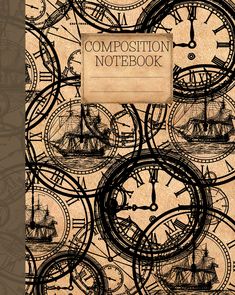 the composition notebook with an image of ships and clocks on it, in black ink