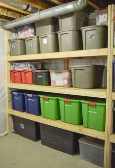 storage shelves filled with buckets and plastic containers