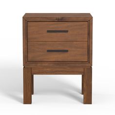 a wooden nightstand with two drawers on one side and an open drawer on the other