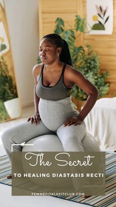 a pregnant woman sitting on an inflatable ball with the words, the secret to heal