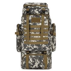 a large backpack with multiple compartments and straps on the front, in camouflage camo