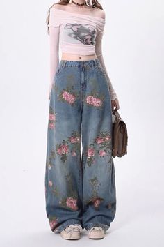 floral print wide jeans, blue floral denim pants with rose print, cute jeans, aesthetic baggy jeans Blue Floral Print Wide Leg Jeans, Wide Leg Denim Pants With Floral Print, Floral Print Wide Leg Jeans With Relaxed Fit, Relaxed Fit Wide Leg Jeans With Floral Print, Floral Print Wide Leg Relaxed Fit Jeans, Relaxed Fit Wide Leg Floral Print Jeans, Spring Vintage Flare Jeans With Relaxed Fit, Casual Floral Print Straight Leg Jeans, Spring Vintage Relaxed Fit Flare Jeans