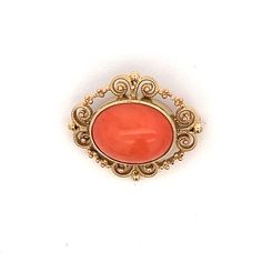 "Vintage Oval Orange Coral in 14k Yellow Gold Filigree Pin - Brooch Metal Content: 14K Yellow Gold Gemstone: Orange Coral Size in mm: 15mm by 12mm Brooch Measurements Length including: 7/8 (22mm) Width: 63/64\" (25mm) Weight: 4.54 Grams Stamps: 14kt Condition: Excellent Pre-Owned Each piece is thoroughly examined and refinished as needed by our professional jewelers, tested to guarantee metal content, graded by our in-house GIA (Gemological Institute of America) Graduate Gemologist, and inspecte Vintage Orange Brooches For Gifts, Vintage Orange Metal Necklace, Vintage Orange Carved Jewelry, Vintage Coral Oval Jewelry, Vintage Orange Beads, Gems, And Cabochons For Gifts, Orange Coral, Gold Orange, Gold Filigree, Orange Gold