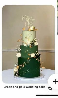 a green and gold wedding cake with white flowers on the top is shown in an instagram post