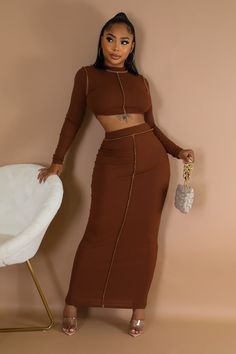 Fall Baddie Skirt Set Fitted Two-piece Set With Long Sleeves, Solid Fitted Long Sleeve Sets, Solid Color Fitted Long Sleeve Sets, Fall Two-piece Fitted Skirt, Fitted Brown Long Sleeve Sets, Fitted Two-piece Skirt For Fall, Night Skirt Outfit, Fitted Two-piece Skirt Set With Long Sleeves, Two-piece Fitted Long Sleeve Skirt Set