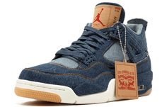 Air Jordan 4 Retro Levis NRG - The latest release from Jordan Brand and Levi's is this special edition Air Jordan 4 Retro. The shoe features an upper made of indigo denim, with orange contrast stitching and Levi's tab. A nod to Levi's signature 'Two Horses' patch is seen on the Air sole unit, and the Jumpman logo-stamped paper patch on the tongue. The design is completed by a gum rubber outsole. This is a must-have for any fan of either brand, and is sure to be a hit both on and off the court. Denim Sneakers, Jumpman Logo, Shoes Retro, Jordan 4 Retro, Air Jordan 6, Air Jordan 5, Air Jordan 4, Jeremy Scott, Air Jordan 4 Retro