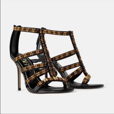 Zara Beaded Zip-Up Sandal Nwt Size- 8 Heel Is 4 Inches Fast Shipper Luxury Zara Sandals For Formal Occasions, Cheap Zara Party Sandals, Brown Heeled Sandals, Cream Espadrilles, Zara Ankle Boots, Brown Sandals Heels, Strappy Sandals Gladiators, Zara Sandals, Brown Leather Flats