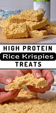 Top image is of a pile of protein rice krispies. Bottom image is pulling a rice crispy treat apart. Protein Filled Snacks On The Go, Desserts With Vanilla Protein Powder, Snacks With Vanilla Protein Powder, Homemade Protein Snacks For Kids, Cream Of Rice Protein, High Protein High Calorie Snacks, High Protein Halloween Treats, Protein Rice Krispies, High Protein Crunchy Snacks