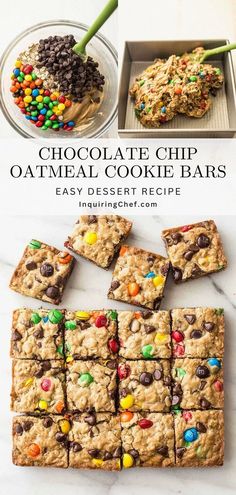 chocolate chip oatmeal cookie bars on a white counter top with text overlay