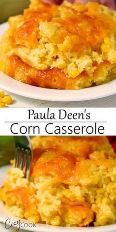 two plates filled with corn casserole and one has a fork stuck in it