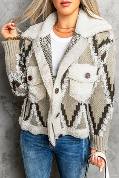 Women's Sweater Cardigan Multicolored Spliced Sherpa Collared Neck Cardigan Beige Patchwork Sweater For Winter, Casual Knit Patchwork Outerwear, Beige Patchwork Cardigan For Winter, Winter Beige Patchwork Cardigan, Fall Cream Patchwork Sweater, Cream Patchwork Sweater For Winter, Sherpa Cardigan, Hee Haw, Chic Cardigan