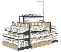 a drawing of the fresh produce section of a grocery store, with shelves stacked on top of each other