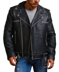 Black Genuine Leather Motorcycle Jacket Adorn one of AlexGear’s finest looks with a men's black motorcycle jacket. Exuding edgy sophistication, this biker jacket grabs attention due to the distressed outlining around the zipper, pockets, hem, belt, and collar for a rugged yet graceful look. Boasting durability and sustainability for long-term stress-free use, this black jacket is crafted with genuine leather, showcasing the quality craftsmanship of our skilled designers. The interior encompasses a soft viscose lining, ensuring the breathability and comfort of the wearer as they adorn this jacket for all their special events. Equipped with an asymmetrical zipper closure, it not only offers functionality, allowing a smooth fastening experience, but also pays tribute to the classic motorcycle Distressed Moto Style Outerwear, Punk Biker Jacket With Zipper Closure, Black Punk Leather Jacket With Zipper, Punk Biker Jacket With Zip Fly For Biker Events, Distressed Black Punk Outerwear, Black Distressed Punk Outerwear, Distressed Biker Outerwear For Streetwear, Distressed Moto Leather Jacket For Biker Events, Black Biker Jacket With Pockets