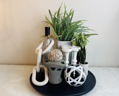 a black plate topped with vases filled with different types of items next to a potted plant