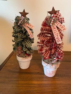 two potted christmas trees sitting on top of a wooden table next to each other