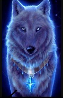 an image of a wolf with blue eyes and stars on it's chest, in front of a black background