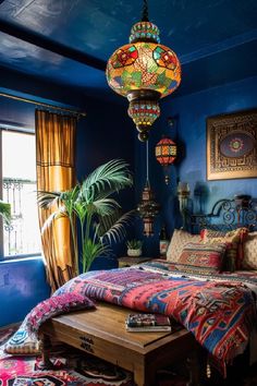 a bed room with a neatly made bed next to a window and a potted plant