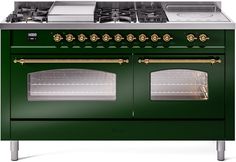 a green stove with two ovens and gold trim on the top, in front of a white background